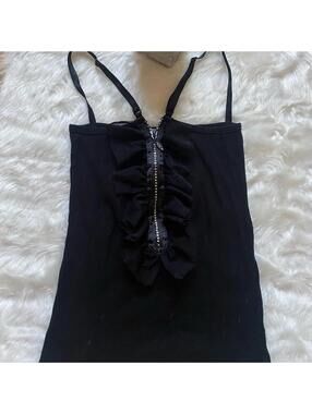 Black Ruffle Front Spaghetti Strap Tank Top